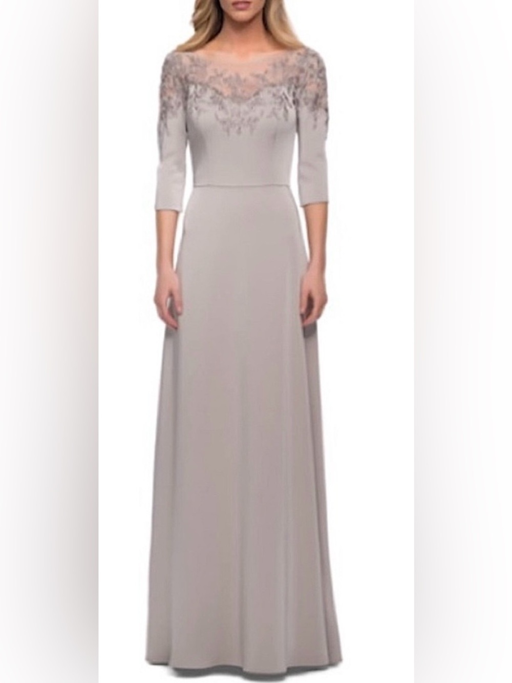 La Femme Taupe Lace Bodice Evening Gown